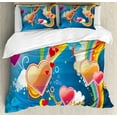 thumbnail image 1 of Vintage Rainbow Queen Size Duvet Cover Set, Funky Illustration of Heart Shapes Floral Elements Clouds Valentines Love, Decorative 3 Piece Bedding Set with 2 Pillow Shams, Multicolor, by Ambesonne, 1 of 3