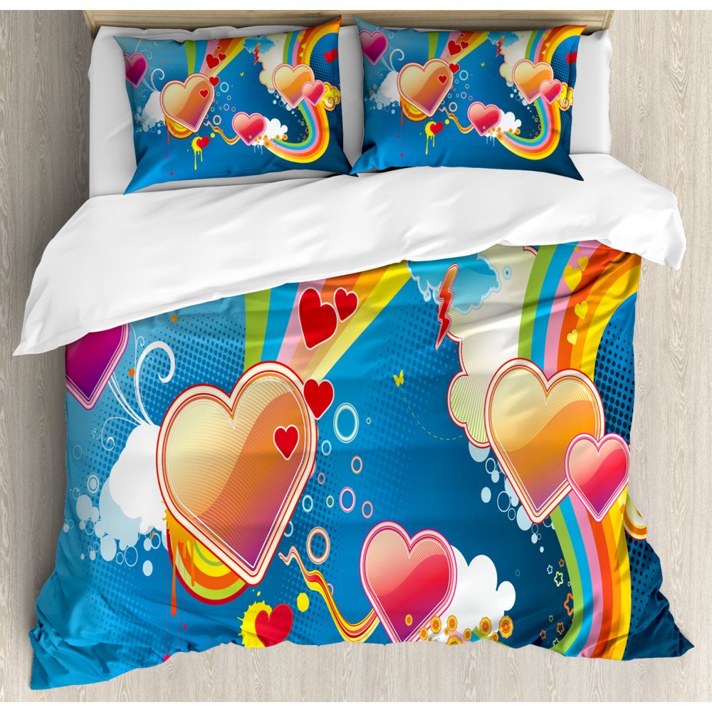 Vintage Rainbow Queen Size Duvet Cover Set, Funky Illustration of Heart