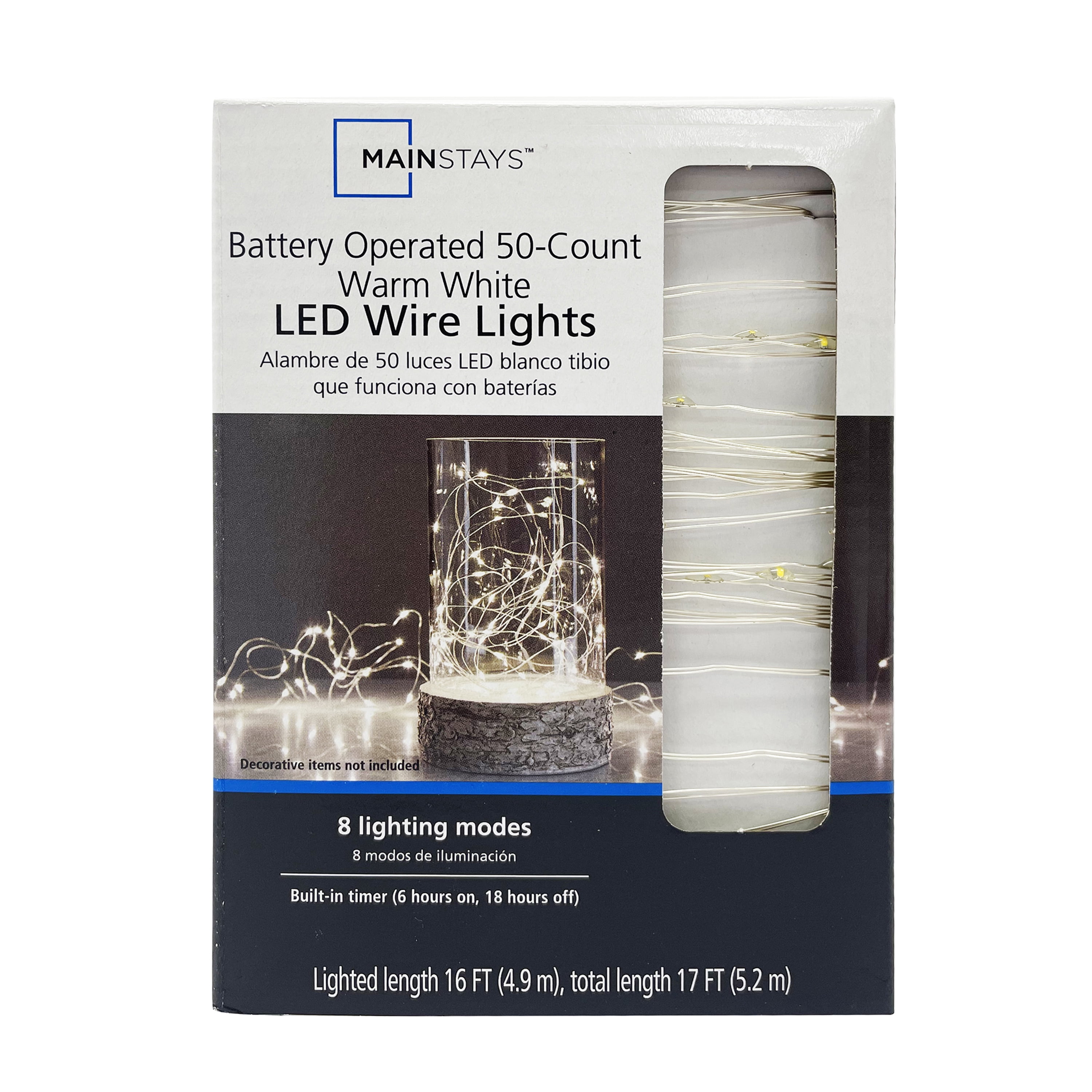 Mainstays Indoor 50-Count Battery-Operated LED Wire Lights, Warm White, 8 Modes