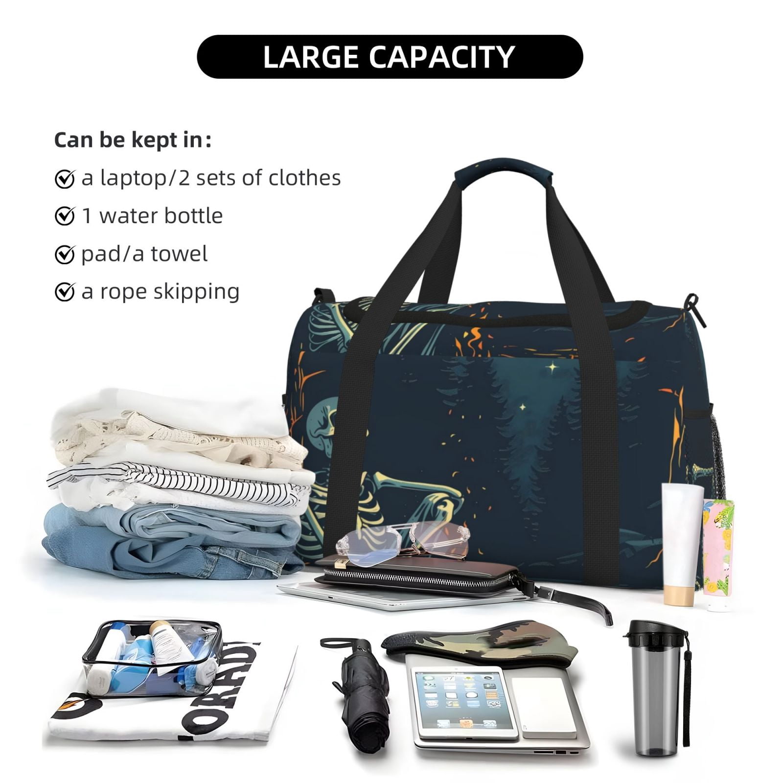 Fuzoiu Moonlit Skeleton Campfire Print Travel Duffle Bag,Carry On Tote Bags,Duffel Bag,Sport Gym Bag, Hospital Bag for Labor and Delivery, Overnight Bag,Luggage Bag