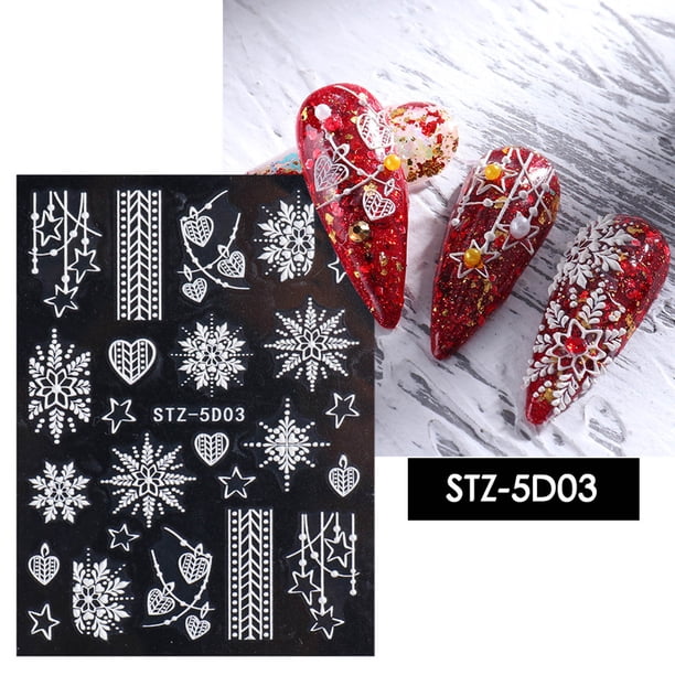 Adhesivo para uñas de resina 5D con diseño de copo de nieve navideño tridimensional en forma de V francés