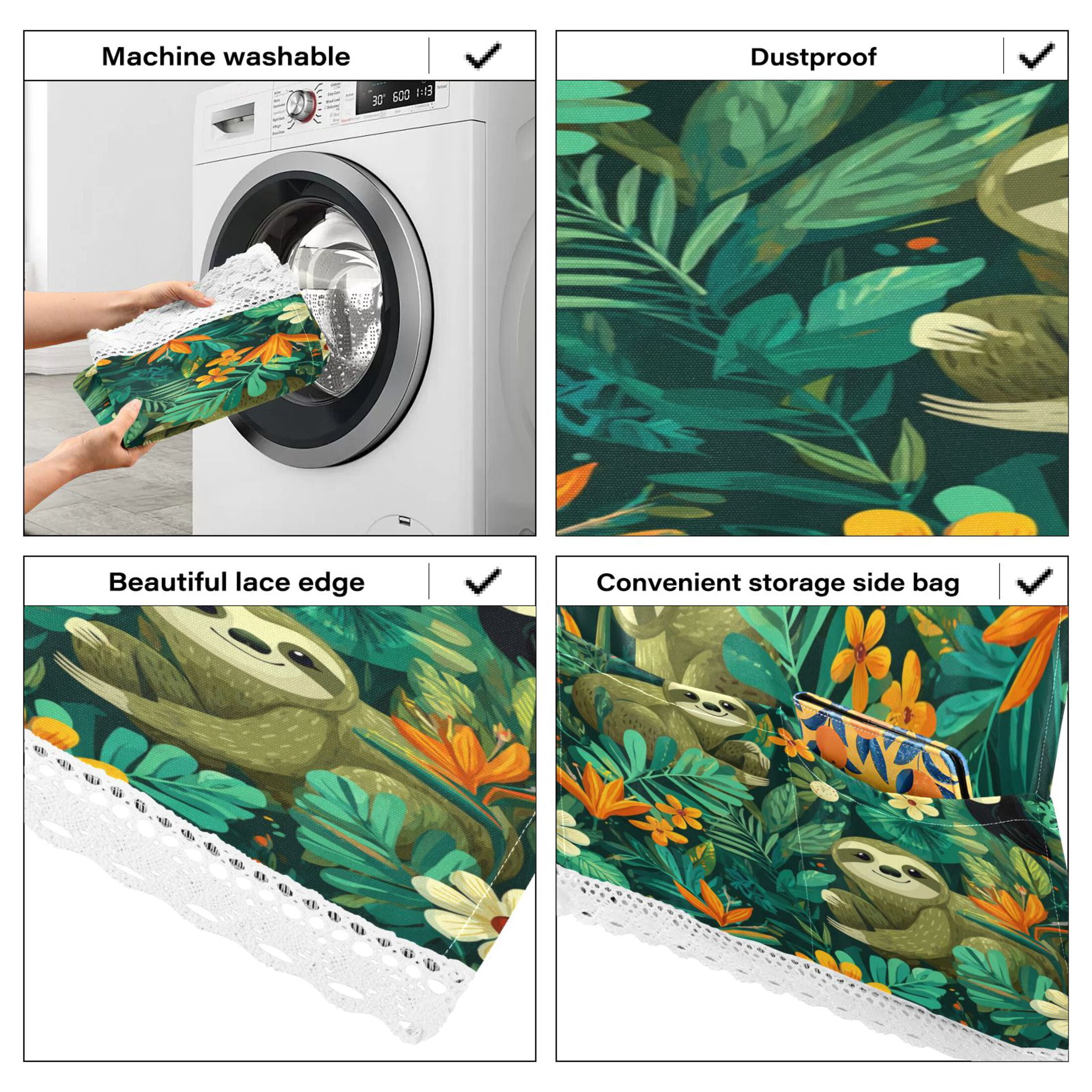 Washing Machine Cover 51.2x22in, Durable Polyester Dust Cover with Lace Trim and Side Pocket for Appliances Playful Sloths