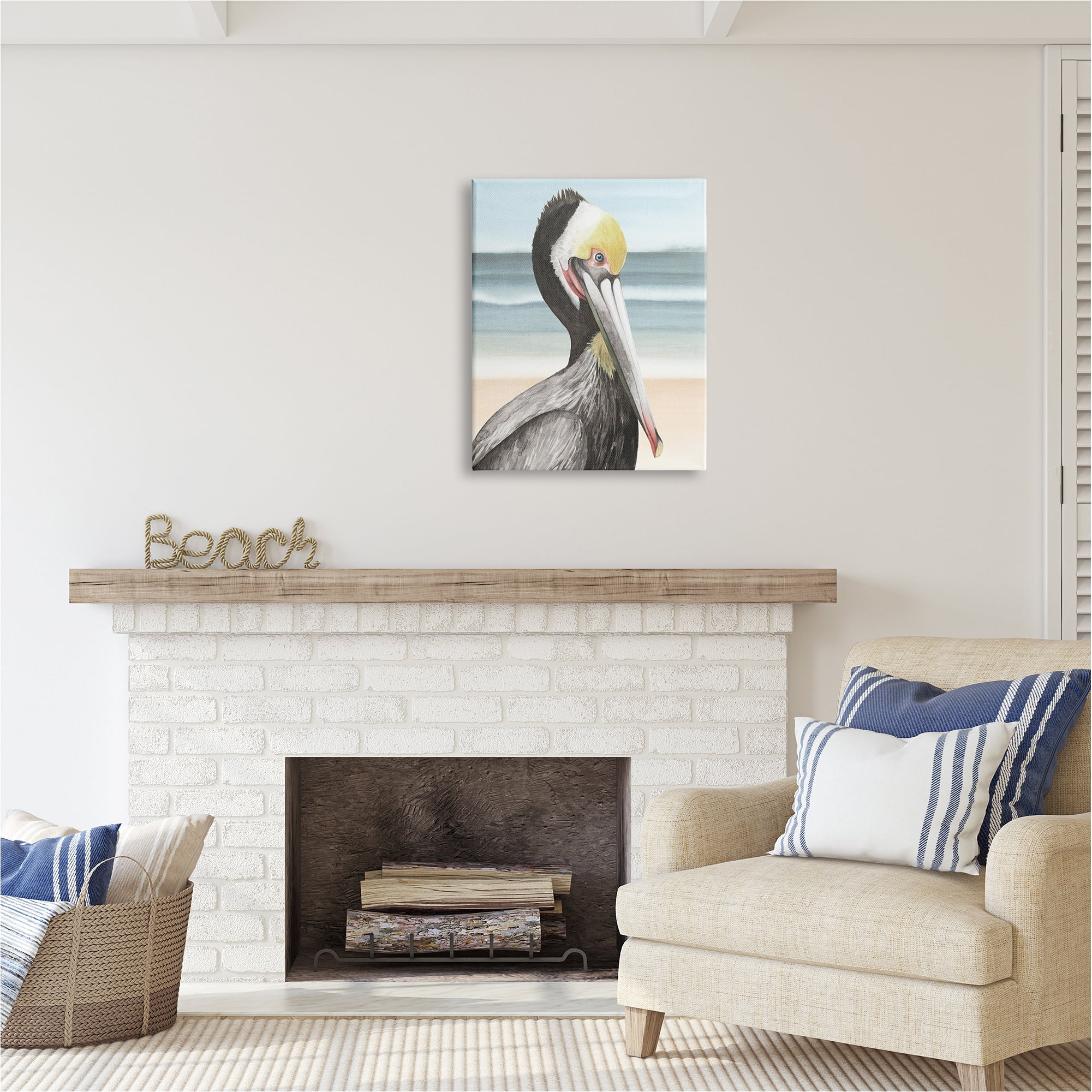 Stupell Industries Pelican Portrait on Beach Animals & Insects Painting Gallery Wrapped Canvas Art Print Wall Art, 24 x 30
