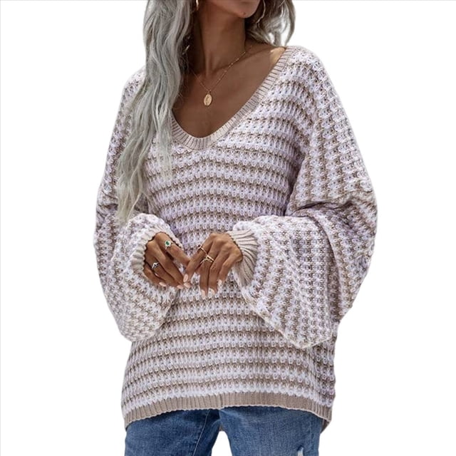 Suéter Holgado de Cuello Redondo, Larga, Hombros Descubiertos, Tejido Liso, para Mujer, para Otoño. Caqui M