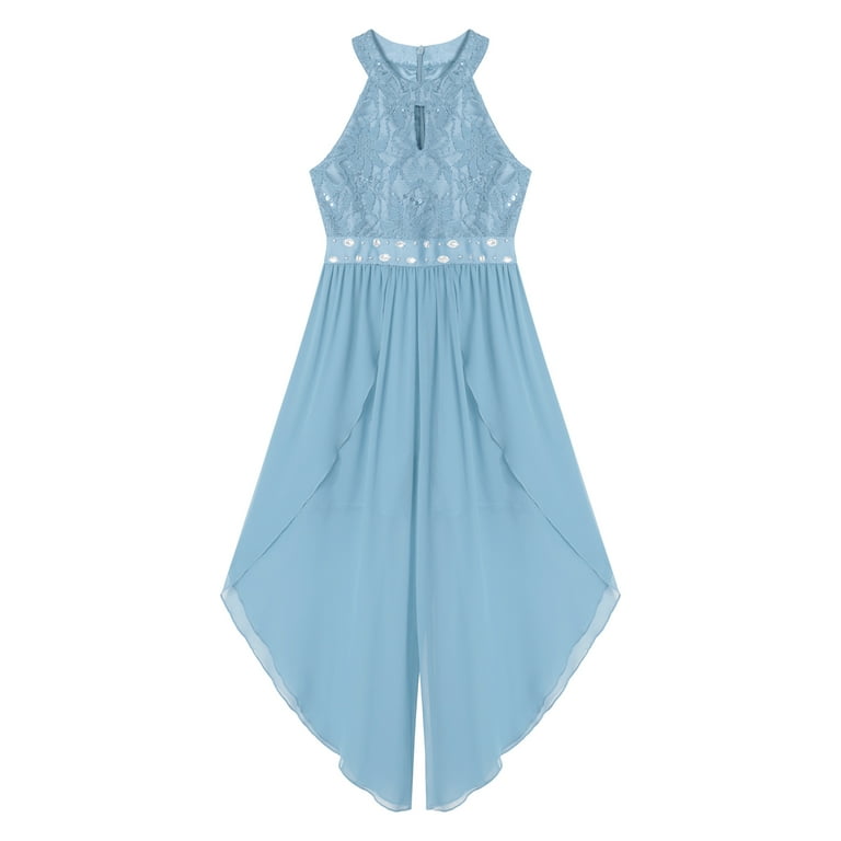 iixpin Kids Girls Halter Neck Ruffles Maxi Romper Gown High Low Wedding Birthday Party Jumpsuit Sky Blue 10