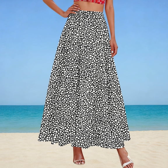 qelini Floral Maxi Skirt for Women Plus Size Long Skirt Elastic Waist Drawstring A-line Skirt Pockets Print Beach Casual Skirt