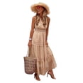thumbnail image 2 of Ierhent Business Casual Dress Women's Summer Casual Flutter Short Sleeve Crew Neck Smocked Elastic Waist Tiered Midi Dress(Beige,S), 2 of 6