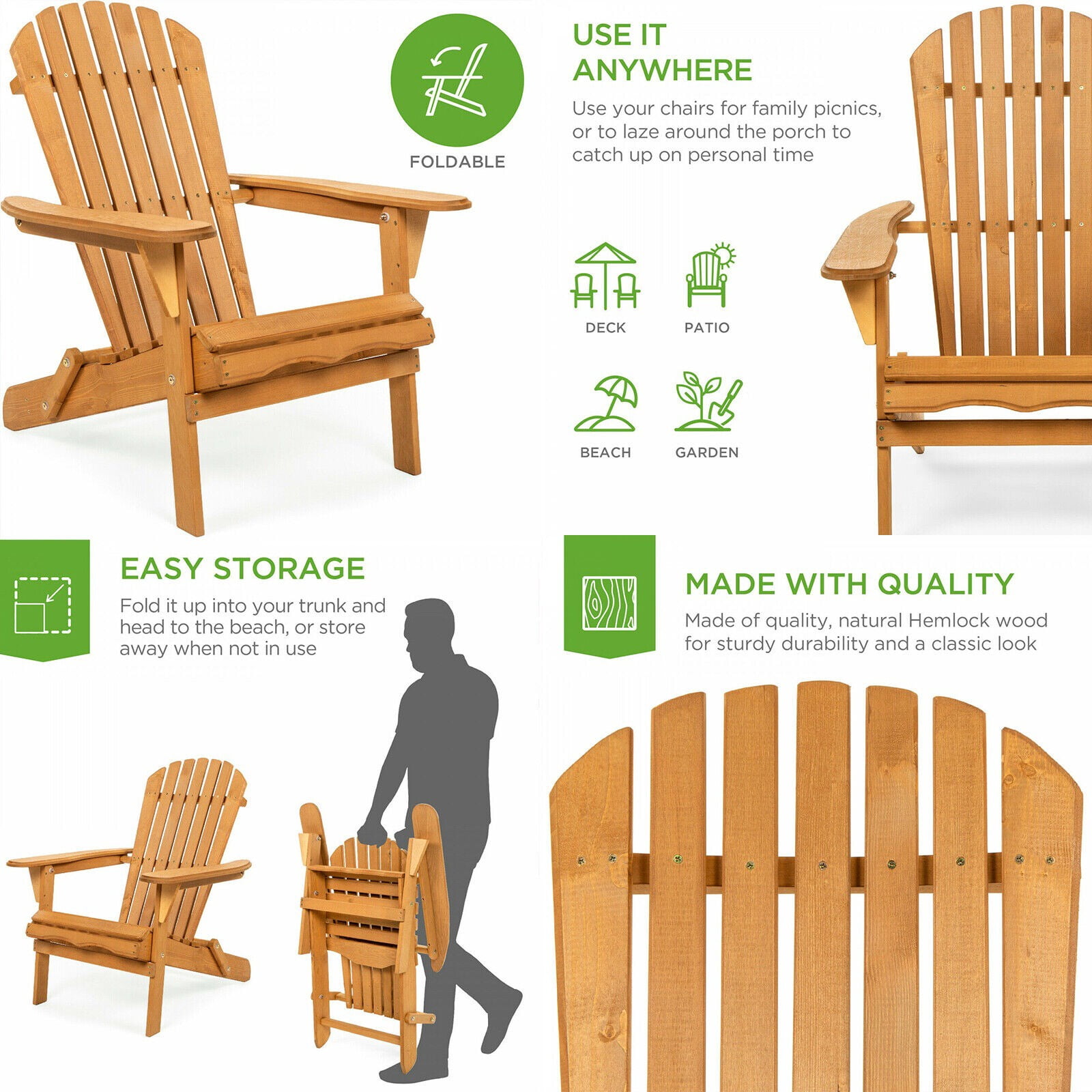 Glavbiku Folding Adirondack Chair Set of 4,Wood Lounge Chairs with High Backrest for Patio,Brown