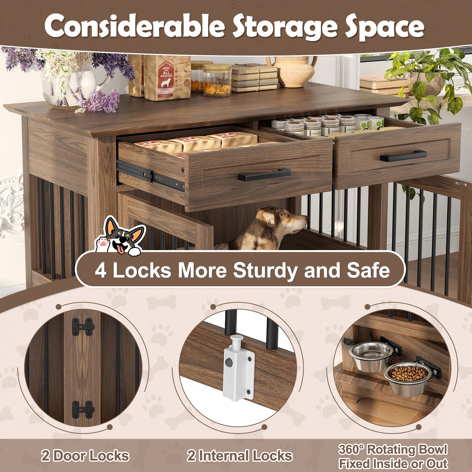 44.48" Large Dog Crate Furniture, Indoor Wooden Dog Kennel End Table with 2 Storage Drawers and Rotating Bowls, Decorative Pet Cage Dog House for Medium Dogs