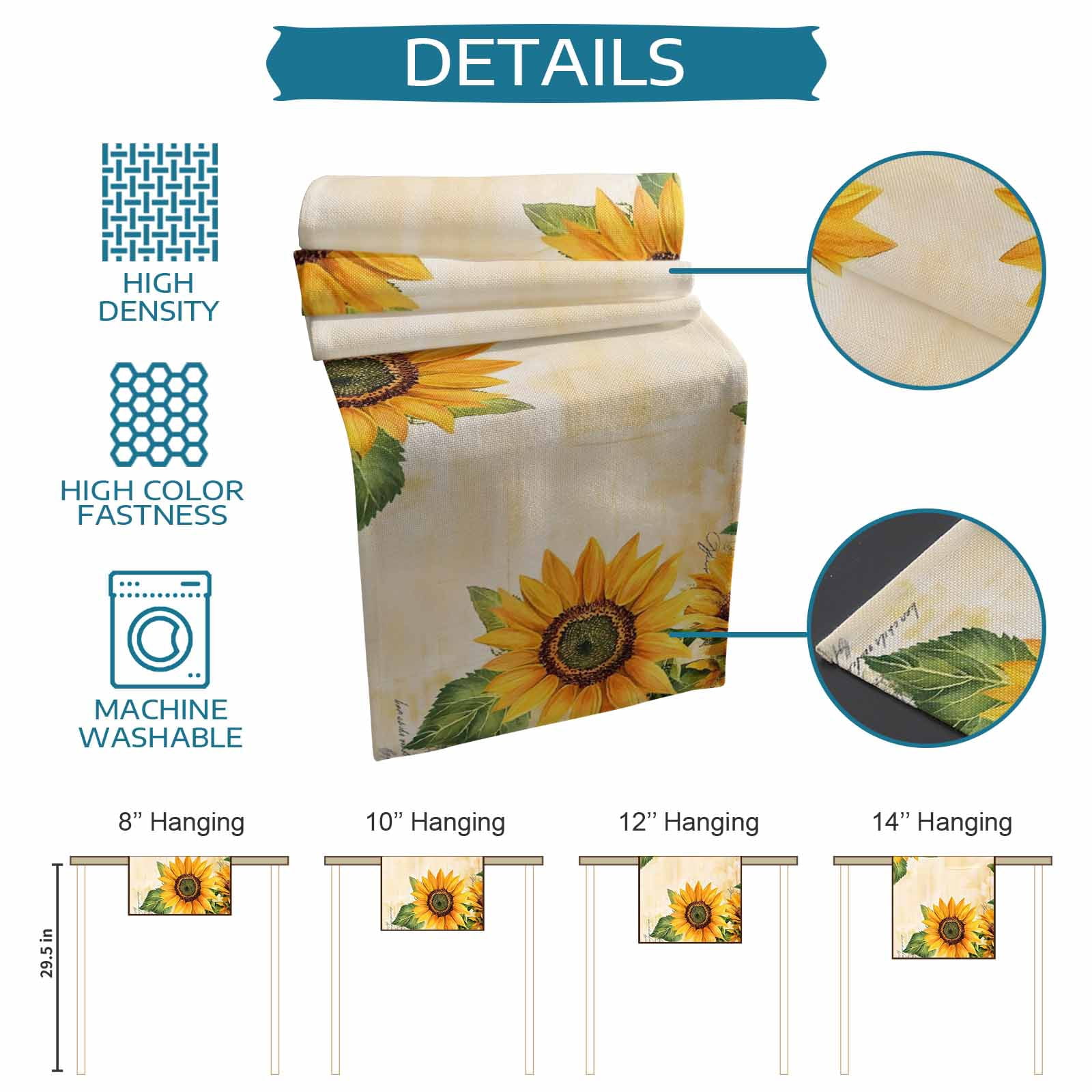 nqOlkjepod Botanical Sunflowers Table Runner 70 Inches Long Farmhouse Dress Scarves, Farmhouse Watercolor Flowers Leaves Dining Tablerunner for Coffee Table/Kitchen Island/Party Décor, 13" x 70"