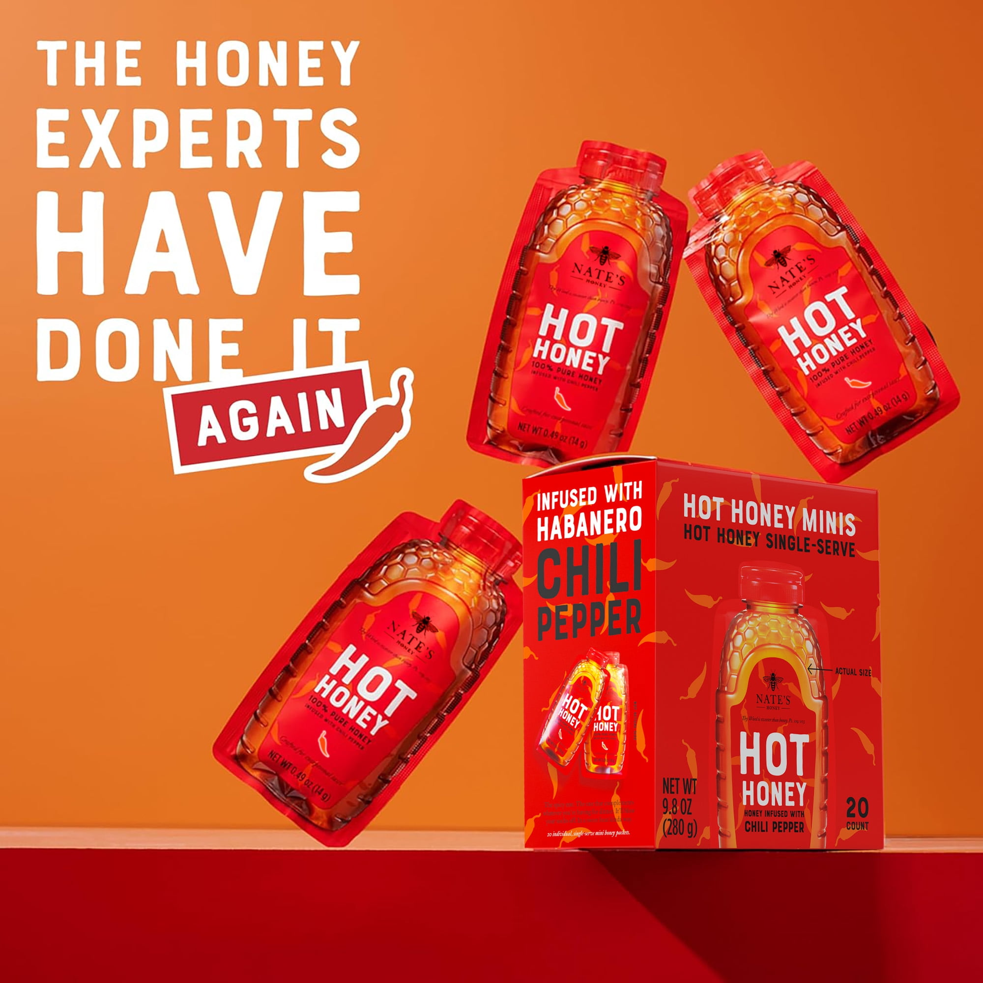 Nate's Hot Honey Minis: 100% Pure Honey & Habanero Chili Pepper - 20 Single Serve Packets