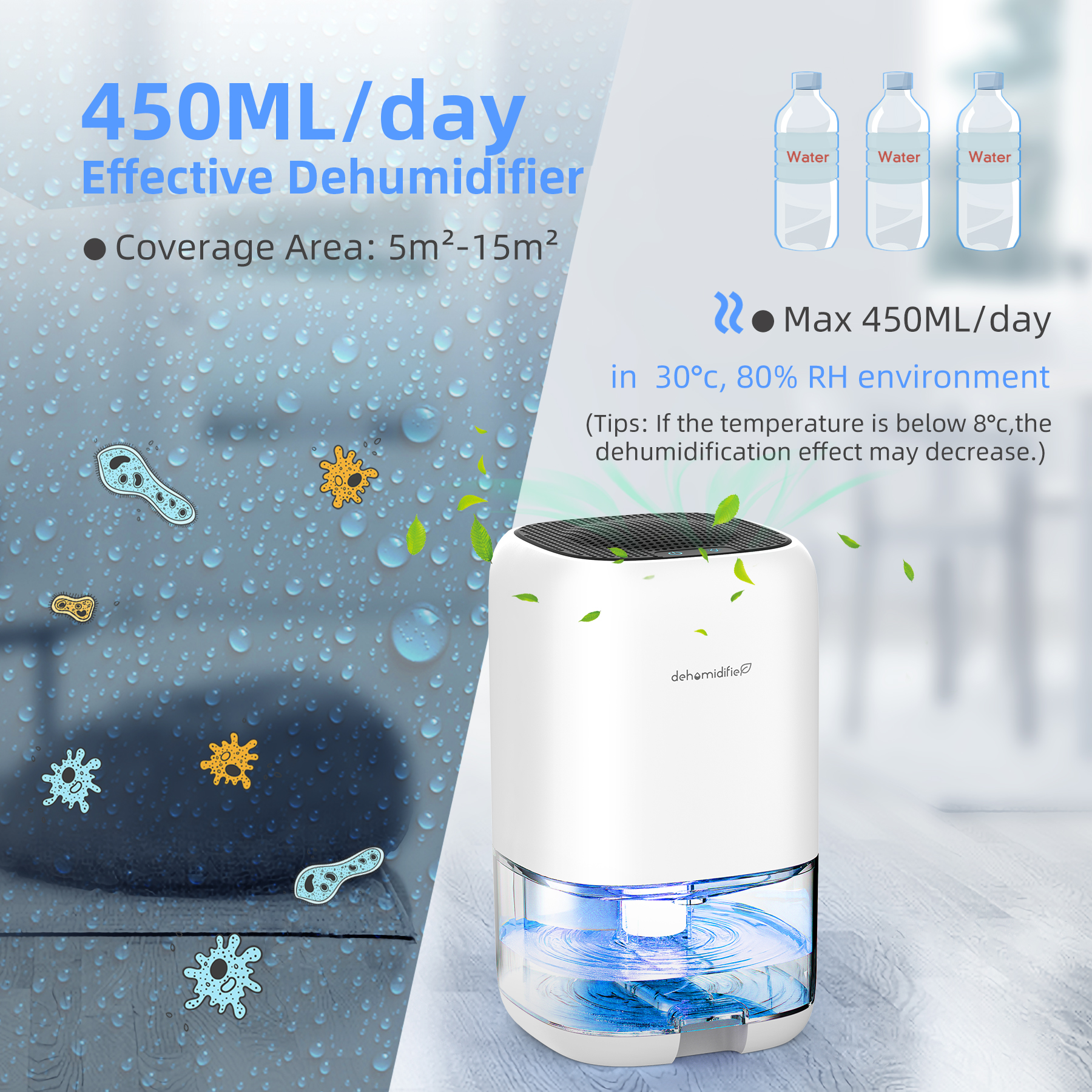 KLOUDIC Dehumidifier Portable and Ultra Quiet with Automatic Defrosting for Home 1000ML(2200 Cubic Feet) - image 3 of 8
