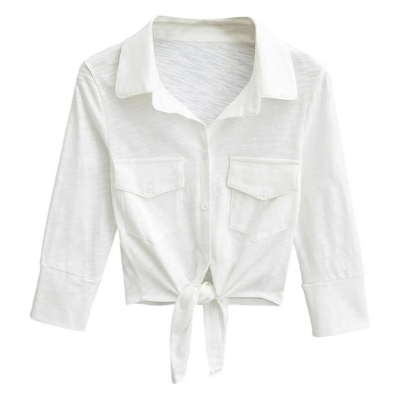 Womens Shirts Casual Casual Long Sleeve Tops for Women Stylish Women Shirts Casual Button Up With Knot Three Quarter Sleeve Collar Pocket Design for and Relaxed Outings