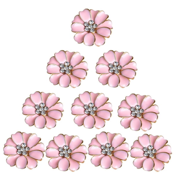 10 botones de metal con diamantes de imitación y flores para bodas, adornos de fondo plano para álbumes de recortes Rosado
