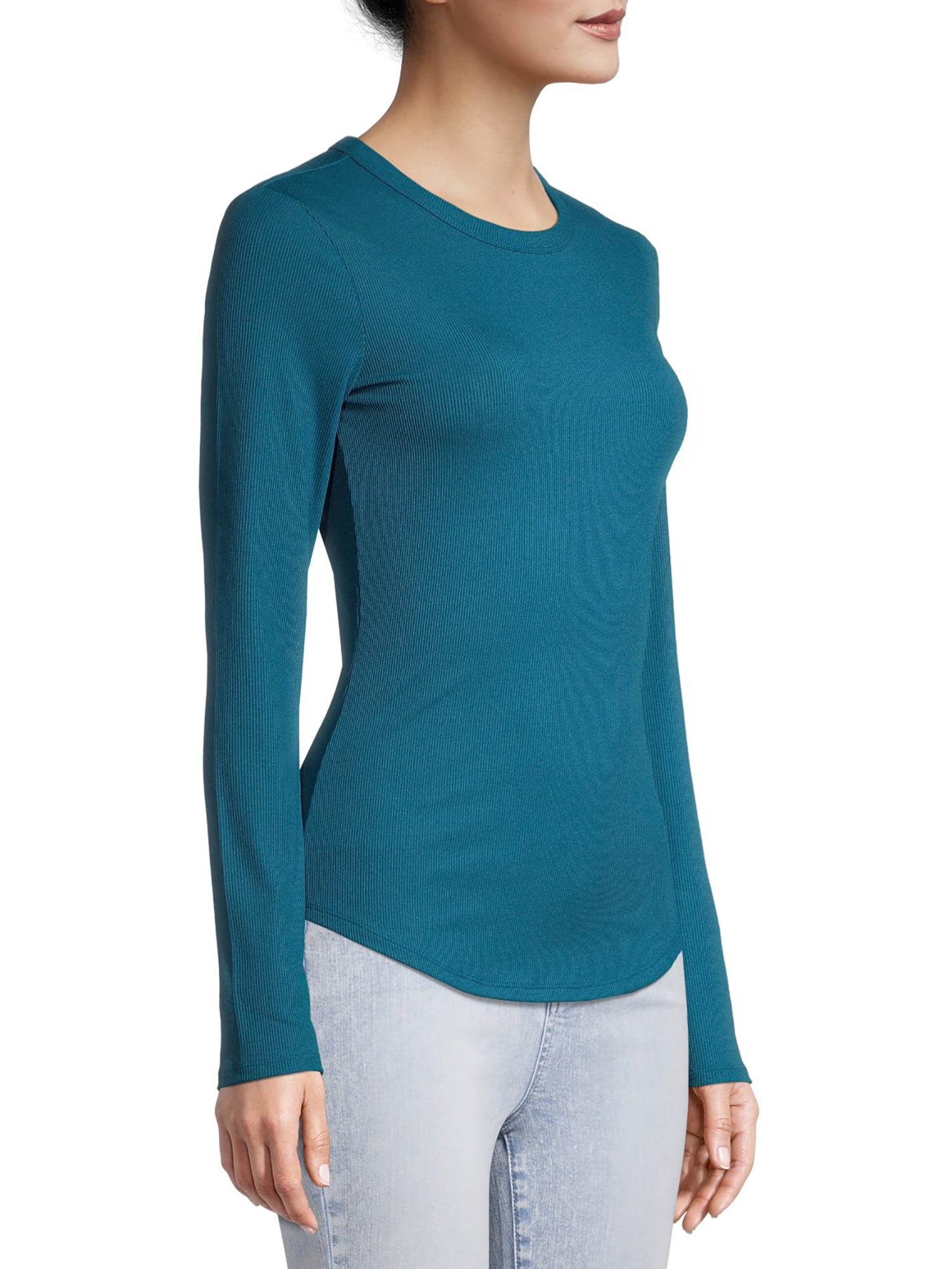No Boundaries Ribbed Crewneck Tee with Long Sleeves, Women's