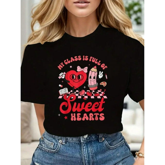 Mi clase está llena de amor. Camiseta gráfica divertida de San Valentín para mujer, cuello redondo, manga corta, cómoda. Para adultos, hombres, mujeres, adolescentes, jóvenes.
