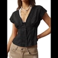 thumbnail image 1 of Blusa de Encaje con Cuello en V para Mujer, Corta, Fruncida, Ropa de Verano para Vacaciones Negro M, 1 of 8