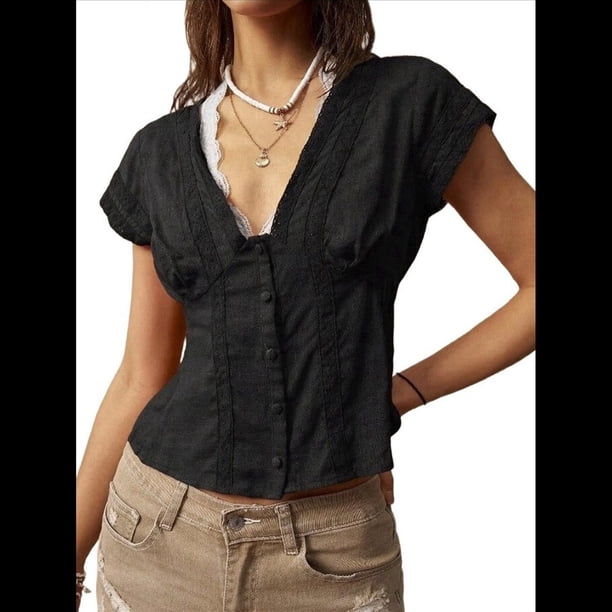 Blusa de Encaje con Cuello en V para Mujer, Corta, Fruncida, Ropa de Verano para Vacaciones Negro XL
