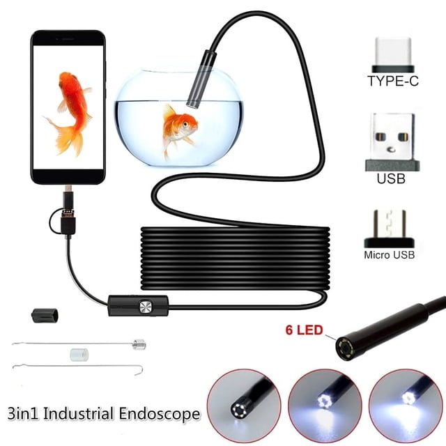 HLONK1/2/3.5/5M USB Endoscope 3 In 1 Borescope 6 LED 5.5mm Ultra Thin Waterproof Inspection Snake Camera Micro USB and Type C for OTG Android PC Notebooks Windows Mac