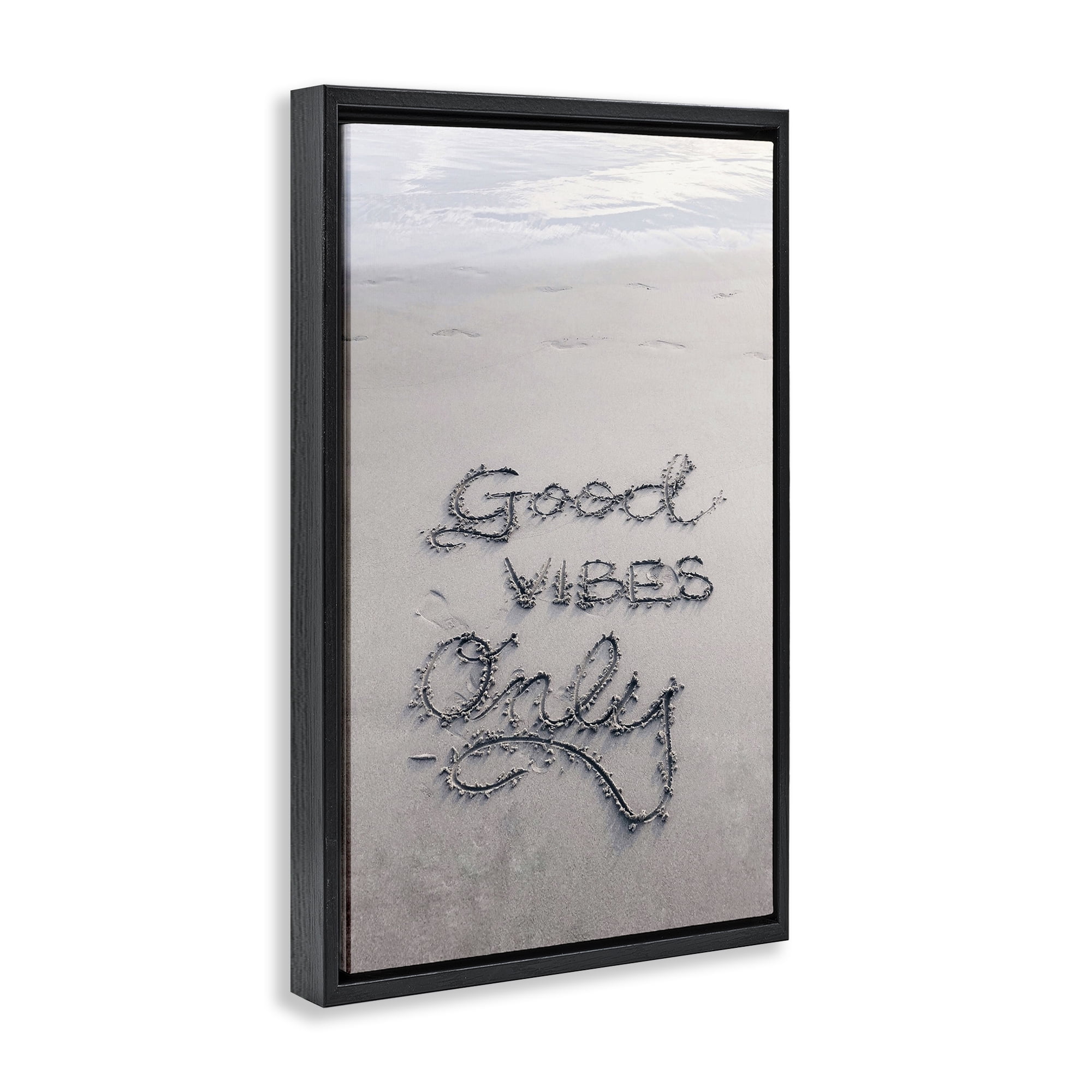 Stupell Industries Good Vibes Only in Sand Nautical & Beach Photography Black Floater Framed Canvas Art Print Wall Art, 17 x 25