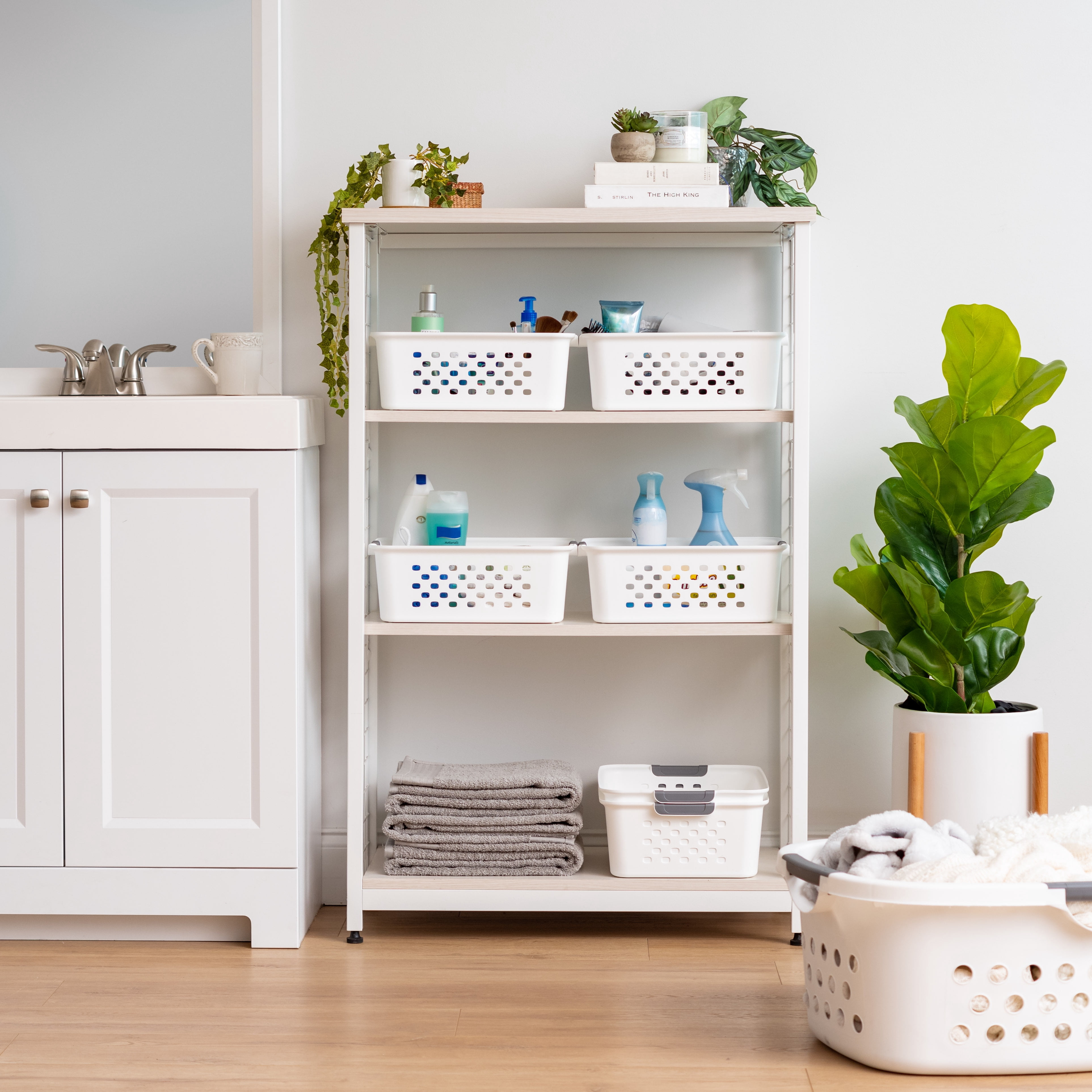 IRIS Plastic Storage Basket, Medium, Shelf Basket Organizer for Pantries, Kitchens, Cabinets, Bedrooms, White