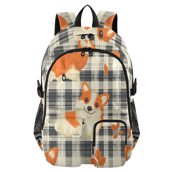 DIXRUYEE Corgi Plaid Leaves Pattern Backpack for School 14”Laptop Compatible with Reflective Safety Strips