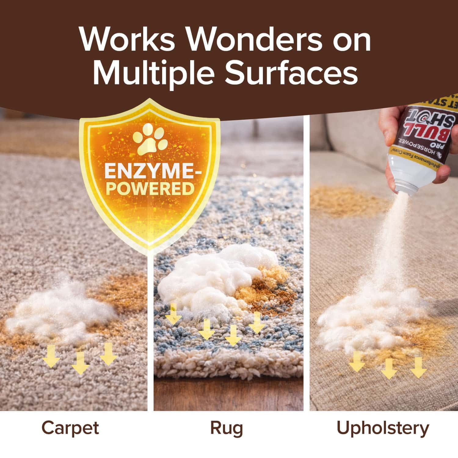 Bull Shot Pet Pro Enzyme Stain & Odor Remover, Professional Strength Foam Eliminates Urine, Vomit & Pet Messes on Carpet & Rugs