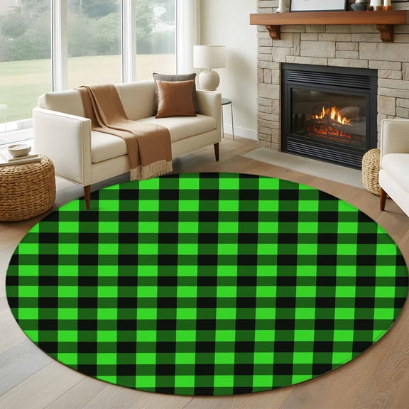 Round Area Rug 5 Ft, Black Green Plaid Washable Non-Slip Circle Carpet for Living Room/Bedroom, Modern Buffalo Checked Gingham Art Low-Profile Runner Mats Collection Rugs for Indoor