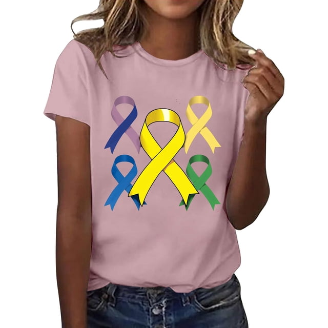 UANWENN T-Shirts Décontractés pour Femmes avec Imprimé Ruban de Sensibilisation au Cancer, Manches Courtes, Col Rond, Style de Base pour le Quotidien, Chandails Athlétiques, Paquet Femmes, T-Shirts pour Femmes, Hauts de Couleur Unie pour Femmes, Court