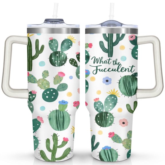 Green Cactus 40 Oz Tumbler with Handle Lid and Straw, Stainless Steel Double Walled Vacuum Insulated Cup, Cute Anniversary Wedding Birthday Gifts Tumbler for Women Men Friends Outdoor Indoor