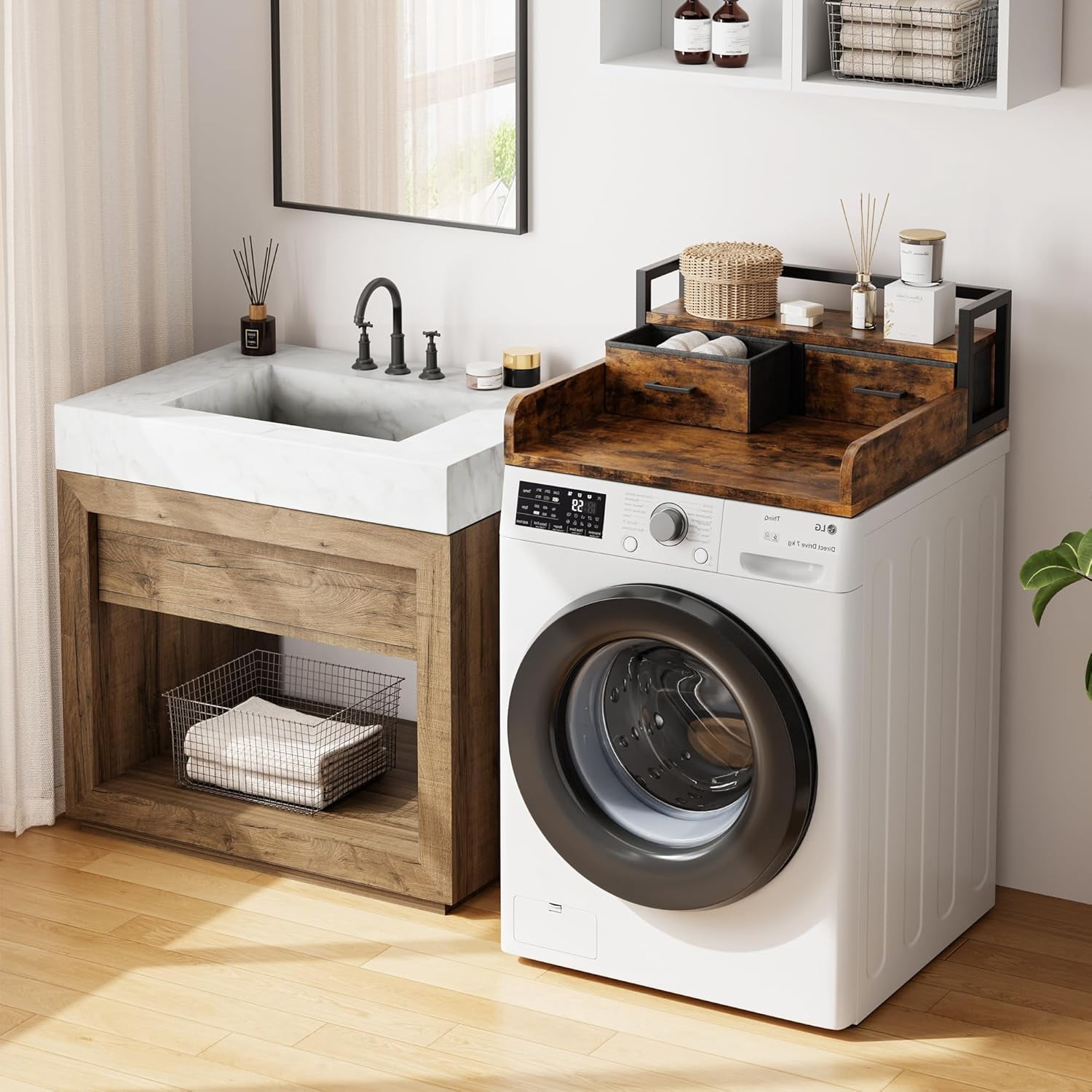 2-Tier Washer and Dryer Countertop with Shelf or Drawers, Laundry Countertop Cover with Non-Slip Pad, 54"X27.5" Laundry Topper for Folding Clothes Over Washer and Dryer, Retro