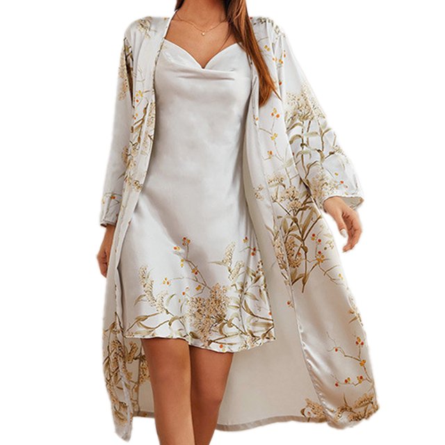 Conjuntos de pijamas de satén para mujer, 2 uds., conjunto de bata de pijama sedoso floral con camisón Chemise Zhivalor BST3007135-1