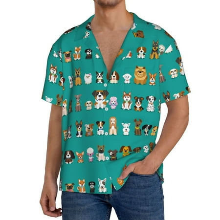 Fuzoiu Cartoon Dogs Print Men s Casual Short Men s Short Sleeve Shirt Mens Casual Button Down Shirts Cuban Collar Summer Shirt for Beach Vacation and Outdoor Activities-Small