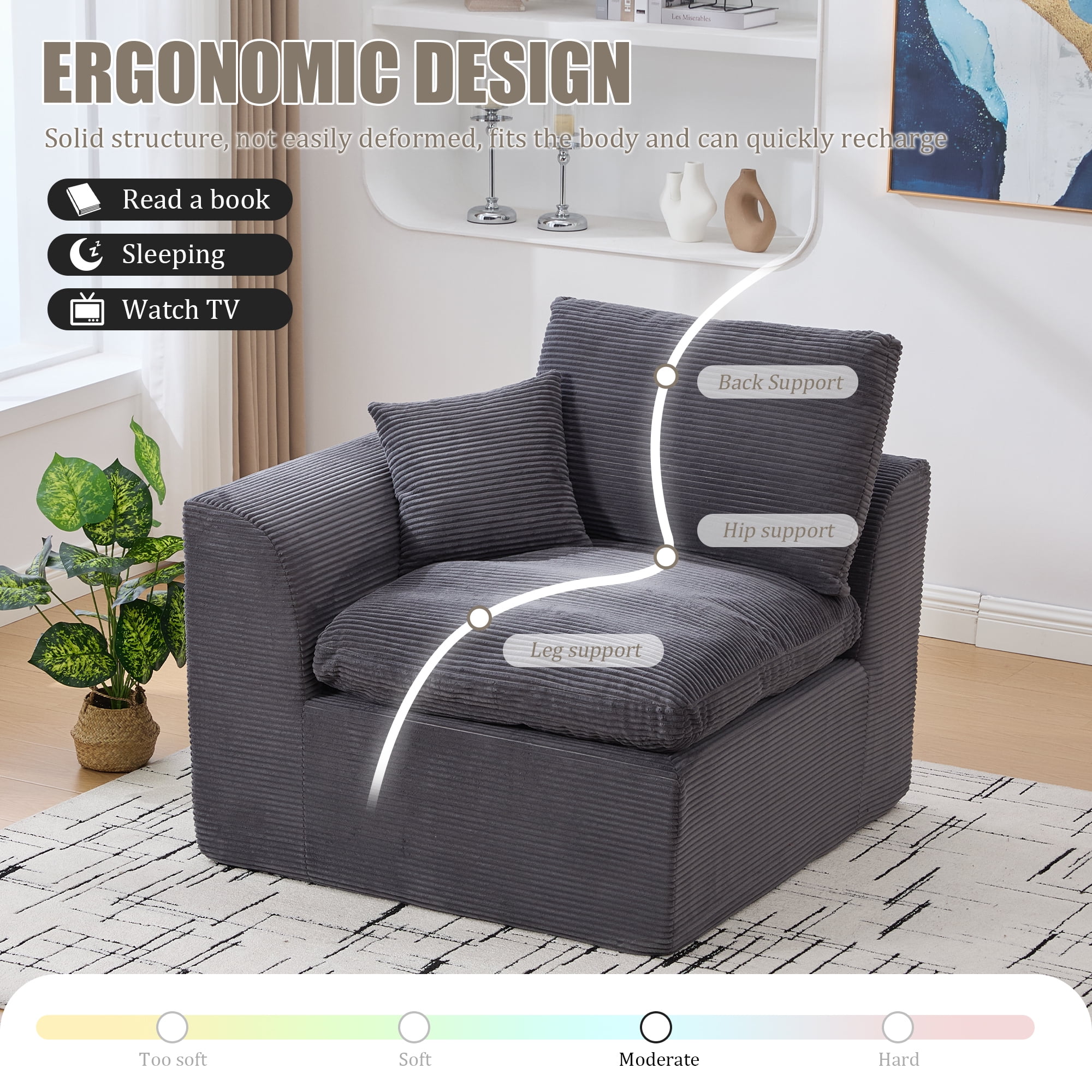 MOONMISS 80.3" Oversized Modular Sofa, Upholstered Corduroy 2 Seat Deep Seat Cloud Couch for Living Room Bedroom, No Assembly Required,Gray