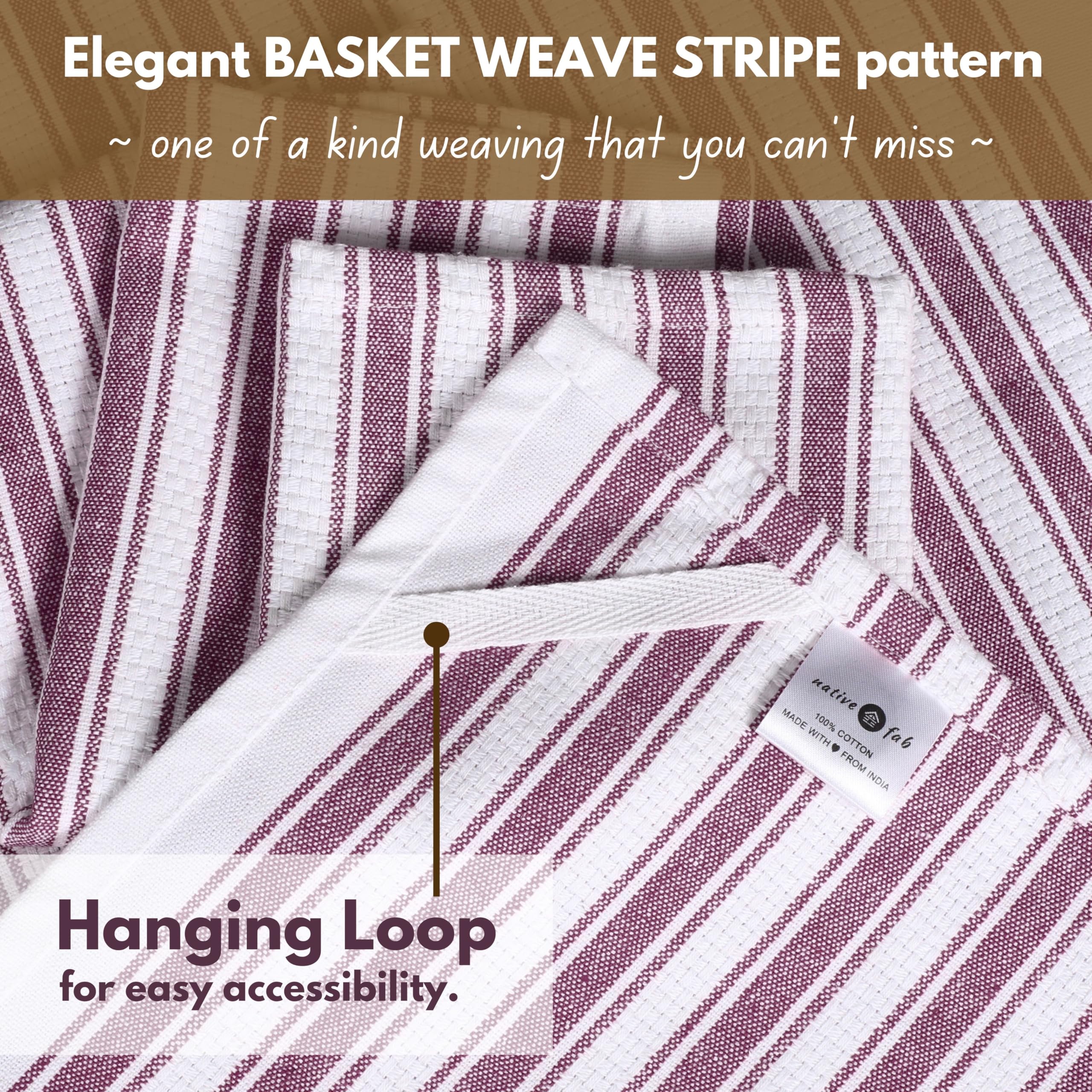Native Fab Basket Weave Stripe Kitchen Towels, Set of 12, Cotton, 15x25 Burgundy White
