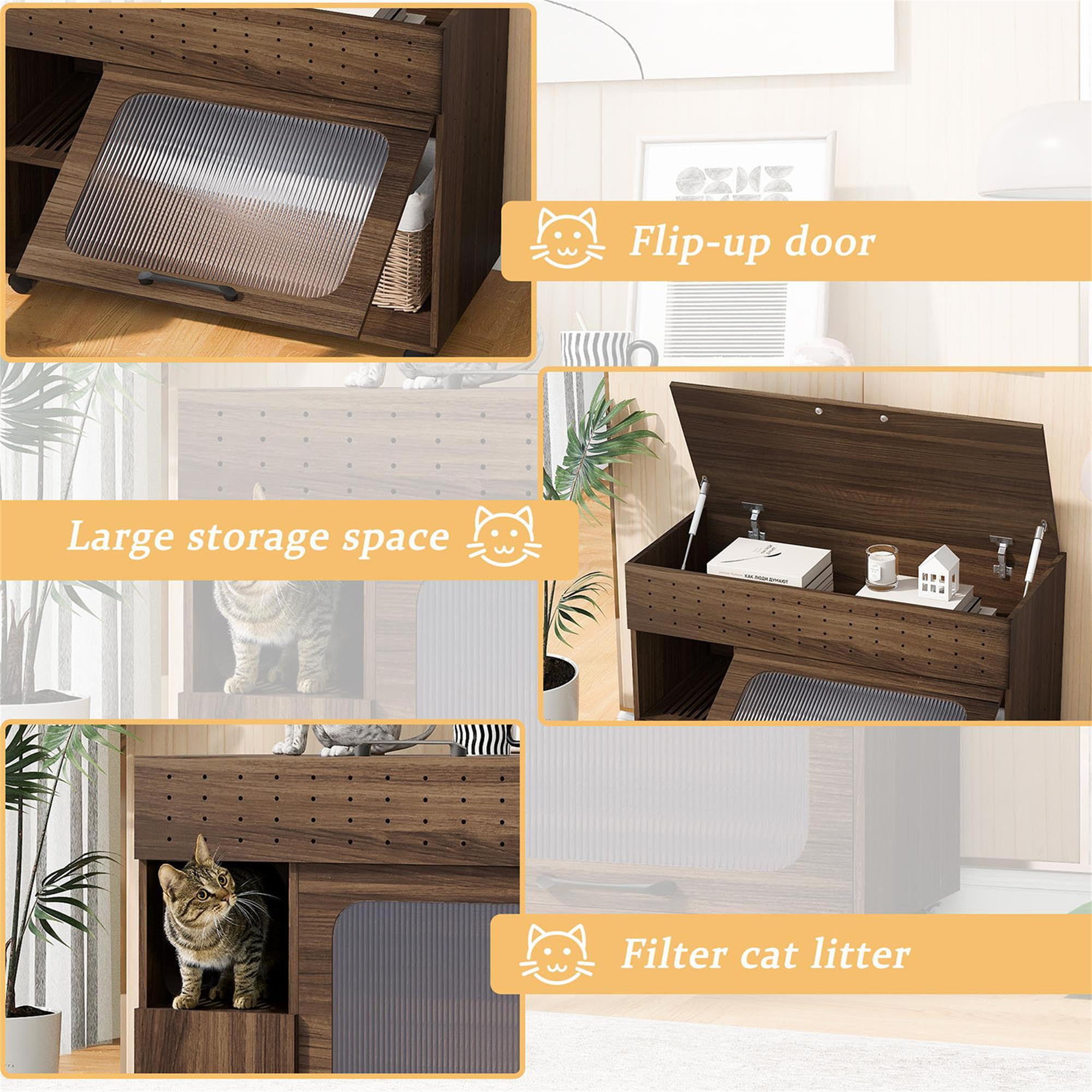 Pefilos 35" Cat Litter Box Enclosure, Hidden Cat Washroom Furniture with  Storage and Wheel, Enough for Most of Orange Cat and Litter Box, Brown