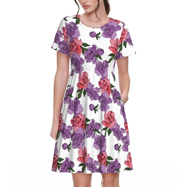 Vsdgher Pivoines pour Femmes Été 2025 Robes Midi Maxi Décontractées Légères Manches Courtes Col Rond Robe de Plage