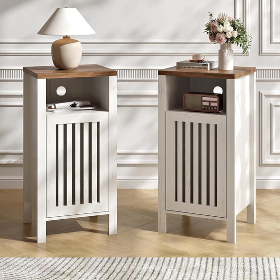BVIUNTWO Set of 2 End Table, Farmhouse Sofa Table with Grille Door, Side Tables for Living Room, Bedroom, White