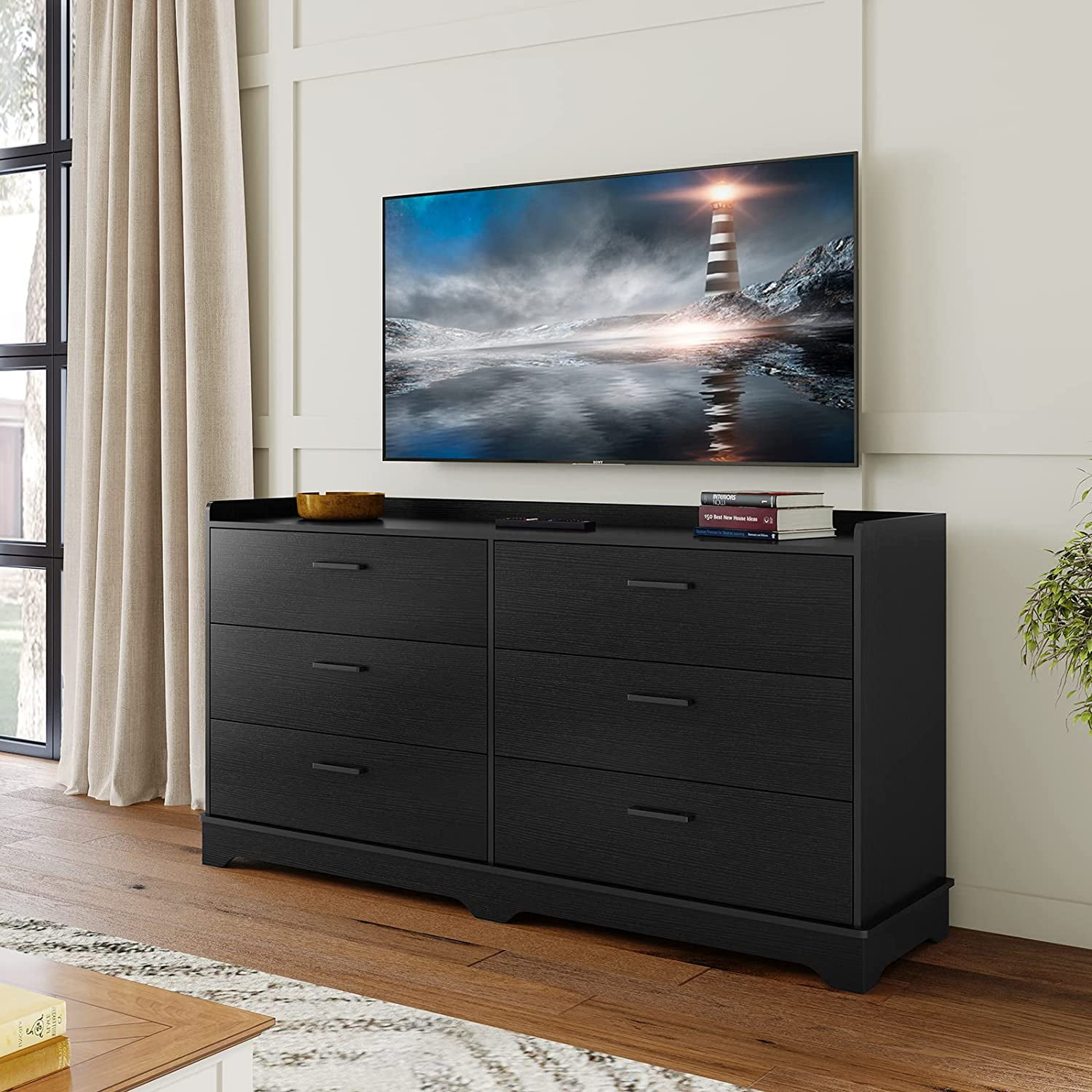 Black 6 Drawers Dresser Storage Tower for Bedroom Living Room, Modern