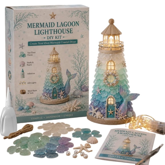 3D Sea Glass Lighthouse Kit for Adults Beginners Friendly, Handmade Coastal Lighthouse Craft Set with LED Light, Complete DIY Sea Glass Art Kit for Tabletop Home Decor