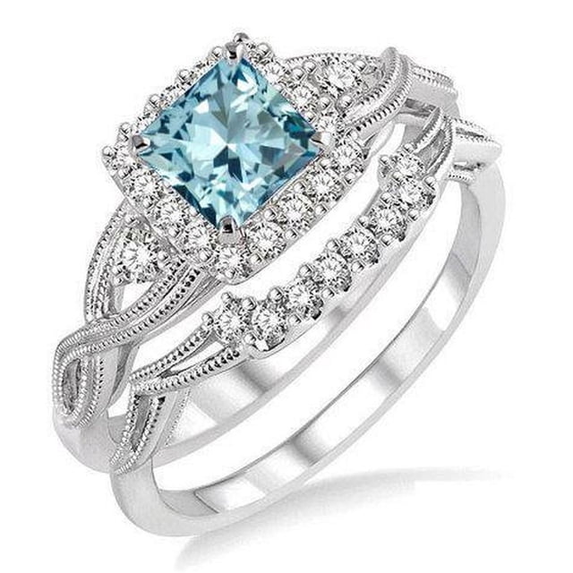 JeenMata Anillo de Bodas de Filigrana de Aguamarina y Moissanita de Talla Princesa de 1,75 Quilates Engastado en Oro Blanco de 18 K sobre Plata