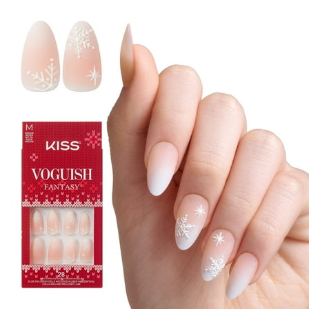 KISS Voguish Fantasy Holiday Press On Nails Almond, ‘Sleigh All Day’, Pink, Medium, 28 Count