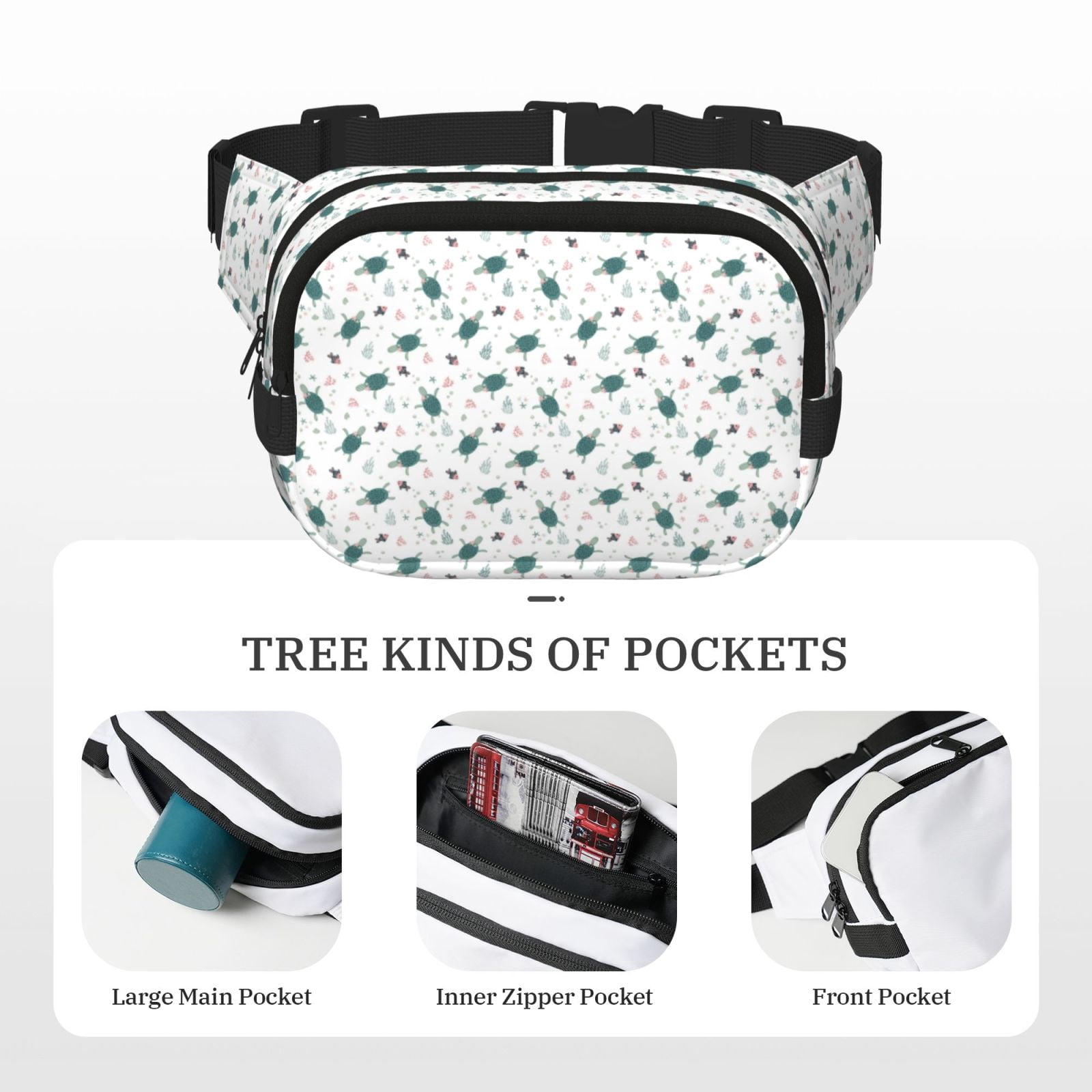 Picia Hand Drawn Turtle Print Square Double-Layer Waist Bag Mini Adjustable Waist Belt Bag Exercise Running Travel Hiking