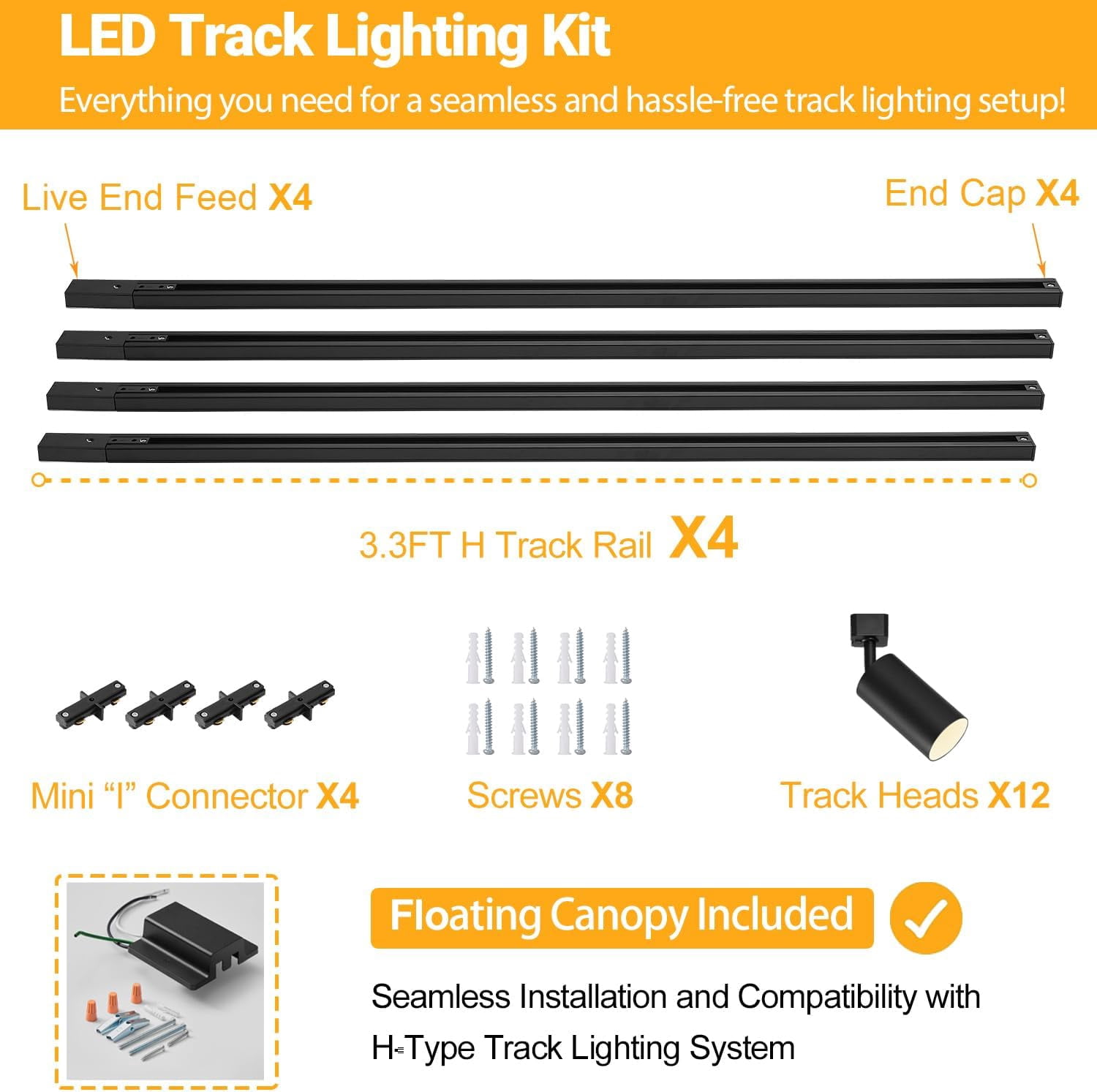 VANoopee 12-Light GU10 LED Track Lighting Kit with 13FT H Type Track Lighting Rail & Floating Canopy Connector, Modern Kitchen Track Lighting Fixtures Ceiling Spotlight, Track Heads Black (No Bulbs)