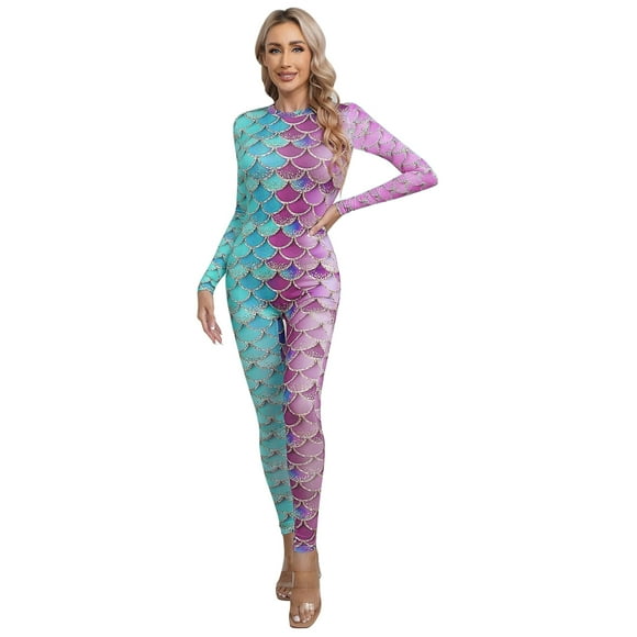 Sxiwei Women's Fish Scale Print Jumpsuit Catsuit Long Sleeve One Piece Swimsuit Skinny Rompers Type D L