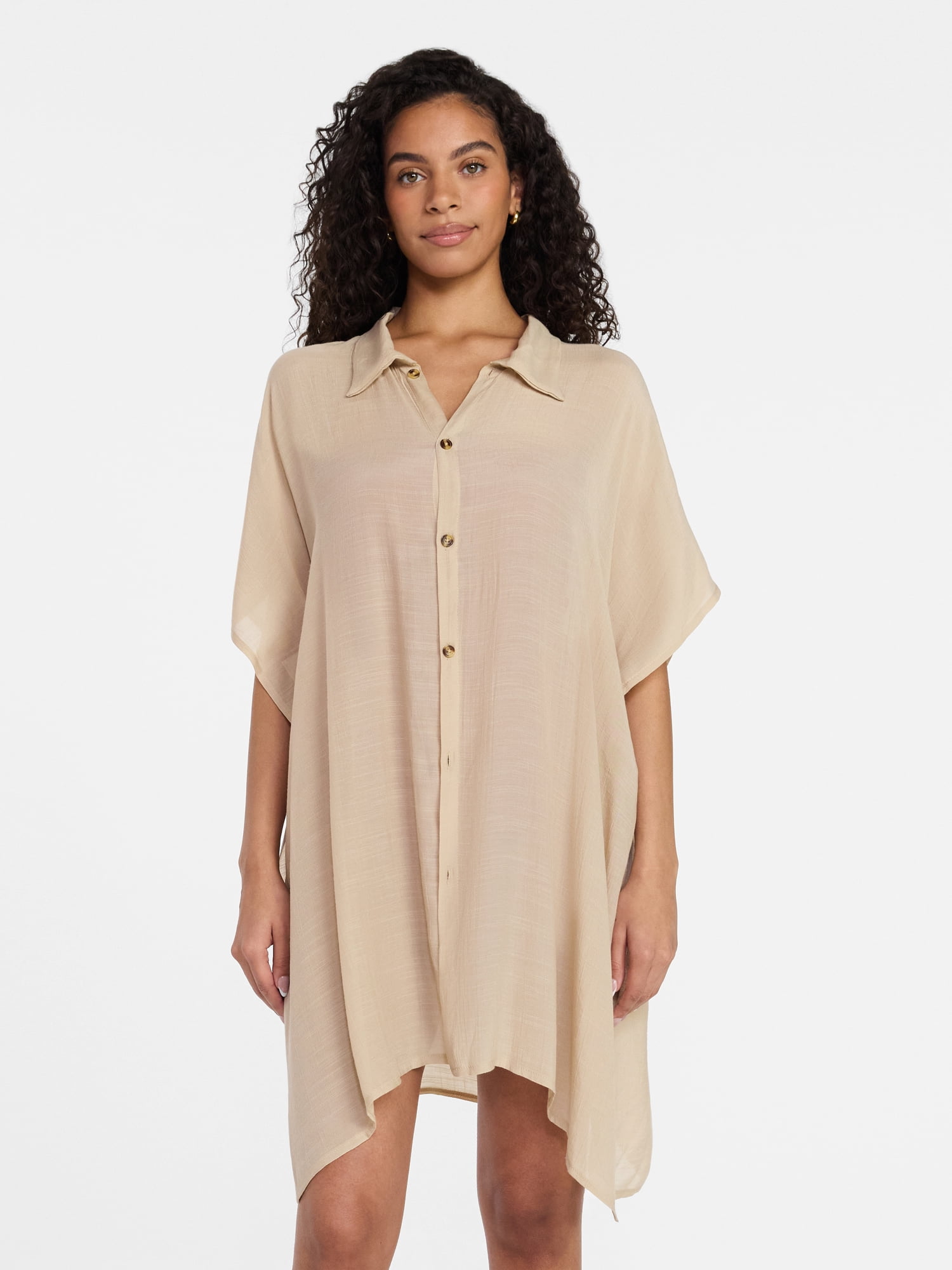 Time and Tru Women's Button Down Cover-Up, Light Tan, Sizes S/M