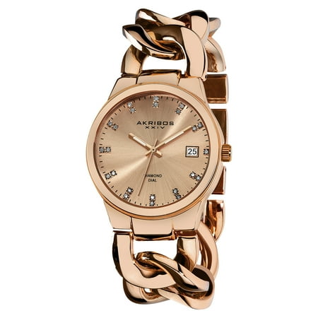 Akribos XXIV Women's Swiss Quartz Diamond Twist Chain Bracelet Rosetone Watch