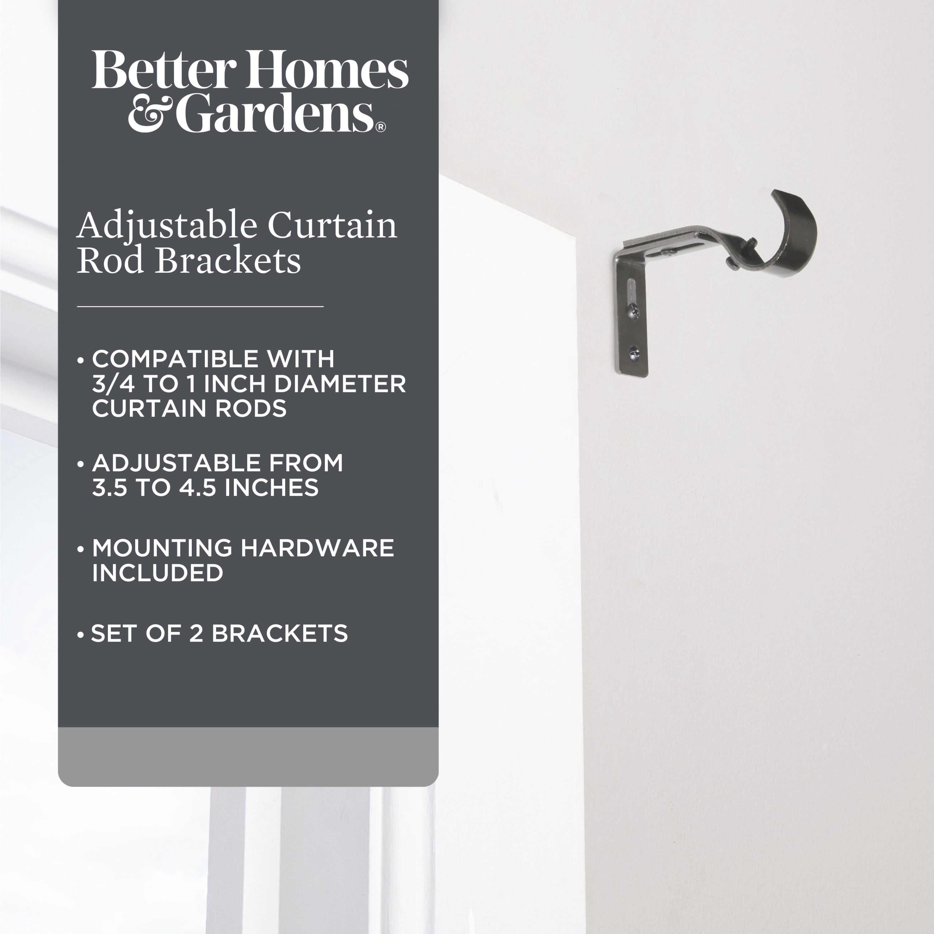 Better Homes & Gardens Plated Metal Adjustable Curtain Rod Brackets in Bronze, 3/4 to 1 Inch Diameter