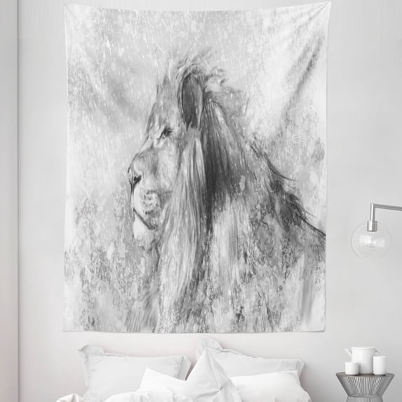 Pale Grey Tapestry, Sketchy Hand Drawn Image of Safari Animal Wild Lion Art Print, Fabric Wall Hanging Decor for Bedroom Living Room Dorm, 5 Sizes, Charcoal Grey White, by Ambesonne