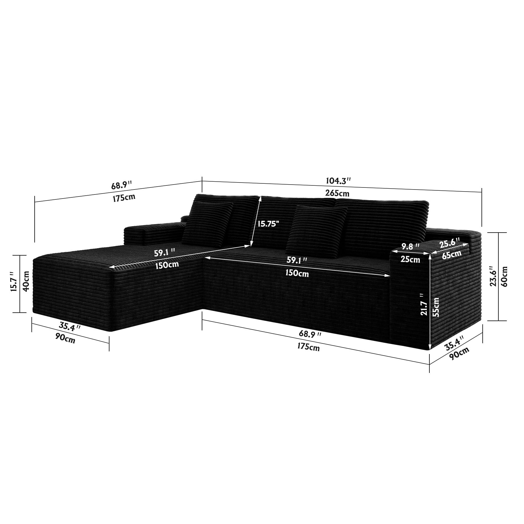 Aukfa 104" Modular Cloud Sectional Sofa with Left-Facing Chaise, Plush Corduroy Upholstered Deep Seat Couch, No Assembly Required for Living Room/Bedroom/Apartment, Black